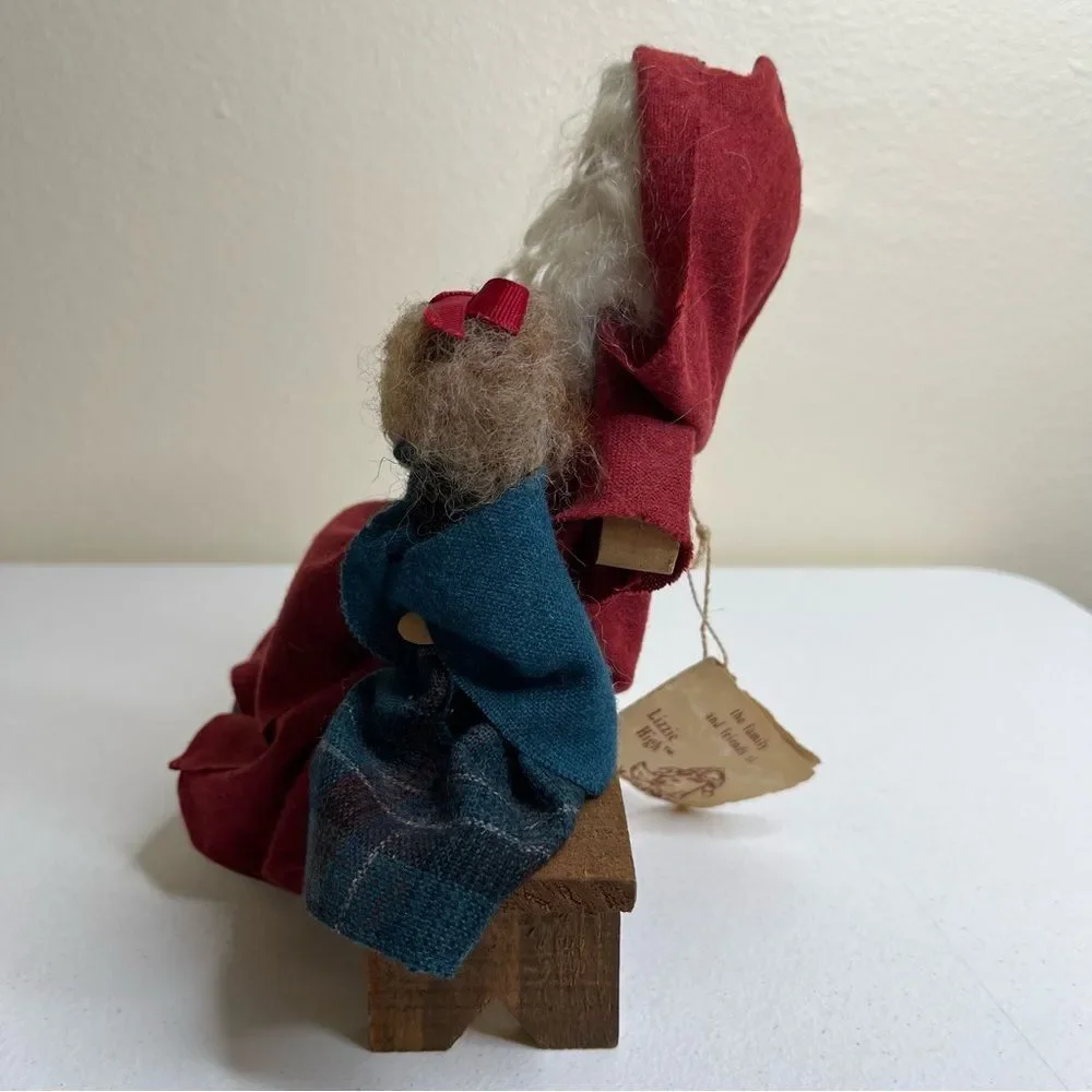 Vintage Lizzie High Wooden Folk Dolls Removable Santa Child Bench Handcrafted